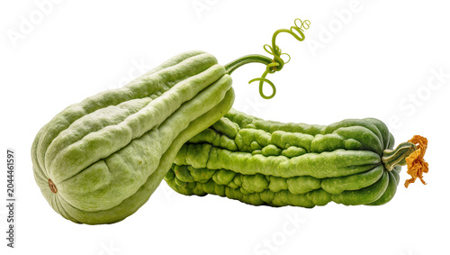 Foto Two bumpy green bitter melons with vine and flower