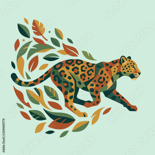 Canvas Print A stylized illustration of a running wild cat with decorative leaves around it