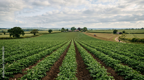 Lush green potato field rows on a traditional english farm