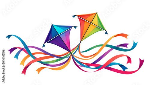 фотографія Two colorful diamond kites with long flowing ribbons