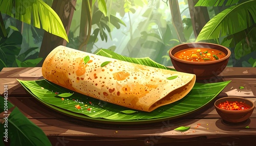 Traditional South Indian Dosa Served with Chutney and Sambar on Natural Banana Leaf Backdrop, Authentic Vegetarian Breakfast Presentation