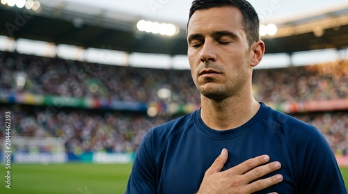 Focused soccer player places hand on heart during national anthem at large crowded stadium event