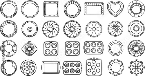Black and White Line Art Collection of Baking Molds and Cookie Cutters