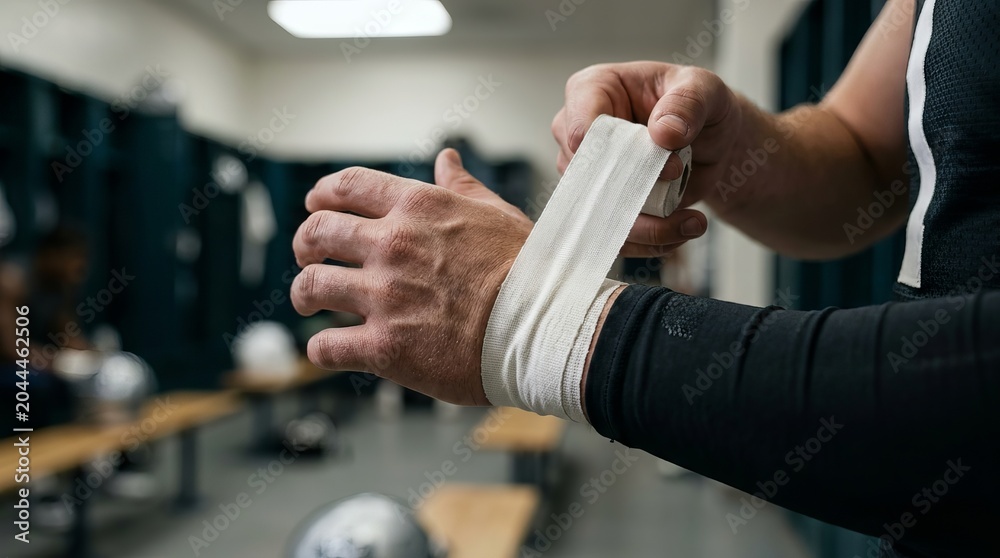 Naklejka premium American football player wraps his wrist with athletic tape in a dark locker room before training