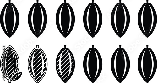 Bild auf Leinwand Cocoa pod and chocolate bean solid glyph icon set for organic agriculture confec