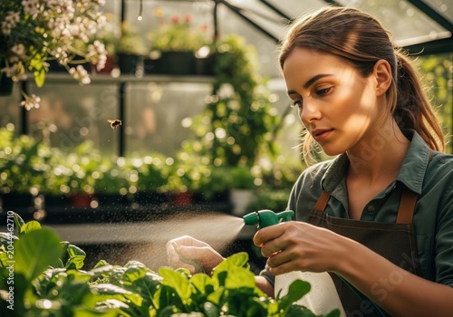 Woman tending plants with sprayer in sunlit greenhouse, bee flies past