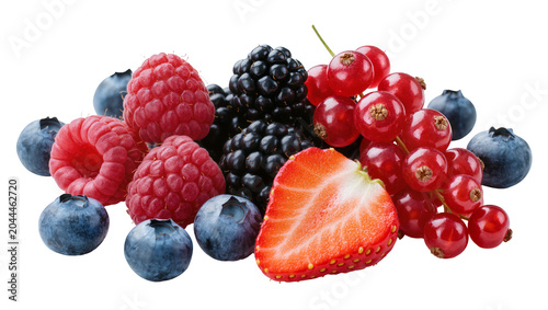 Assorted fresh berries including strawberries raspberries blackberries blueberries, and red currants