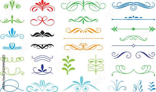 Collection of colorful swirling lines and floral designs on white background