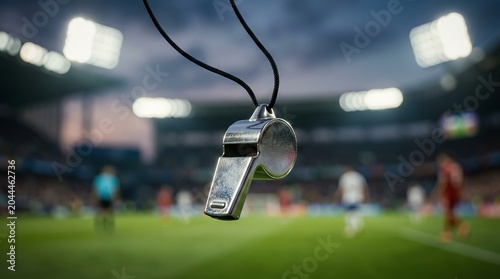 Shiny metal referee whistle suspended over blurred stadium pitch during professional soccer match