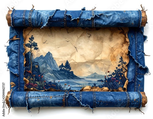 A serene landscape painting on a torn and frayed blue parchment scroll