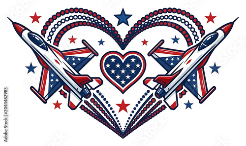 Patriotic Fighter Jet Heart Design with American Flag Stars and Aviation Theme