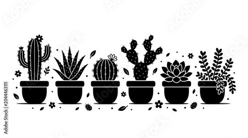 Set of potted succulent plants and cacti, graphic illustration of various houseplant species, isolated on white background, ideal for decoration and design elements