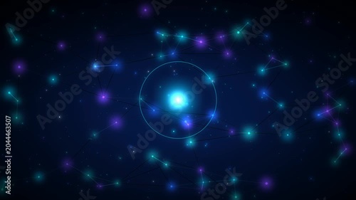 Molecular neural network. Abstract futuristic network nodes. Artificial Intelligence. Connection glowing lines and particle. Digital science and tech. Connected dots and lines on dark blue background