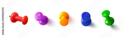 Bild auf Leinwand Color thumbtack pin icons with shadow, 3d realistic vector set isolated on white background
