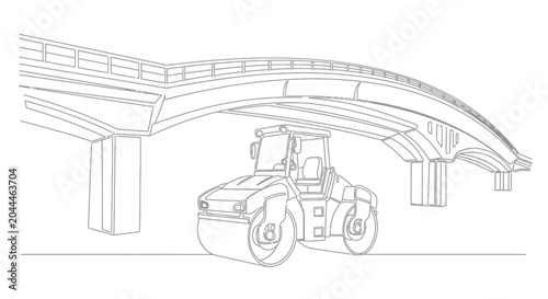 Road roller compacting ground under elevated highway bridge, construction site, line art illustration