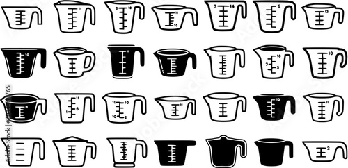 Kitchen Food Measuring Cups Vector Icon Set. Glyph and Outline Black and White Cookware Collection for Cooking, Baking, and Ingredient Measurement.
