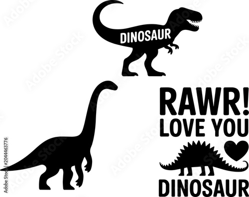 Cartoon Dinosaur with Thesaurus Day Text in Simple Black Silhouette on White Background for Graphic Design

