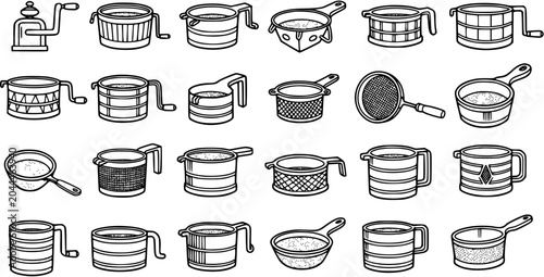 Tableau sur toile Food  Kitchenware Line Art Set: Hand-Drawn Black and White Icons of Flour Sifter