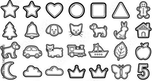 Quadro su tela Black and White Line Art Cookie Cutter Icons: Animals, Nature, Objects, and Shap
