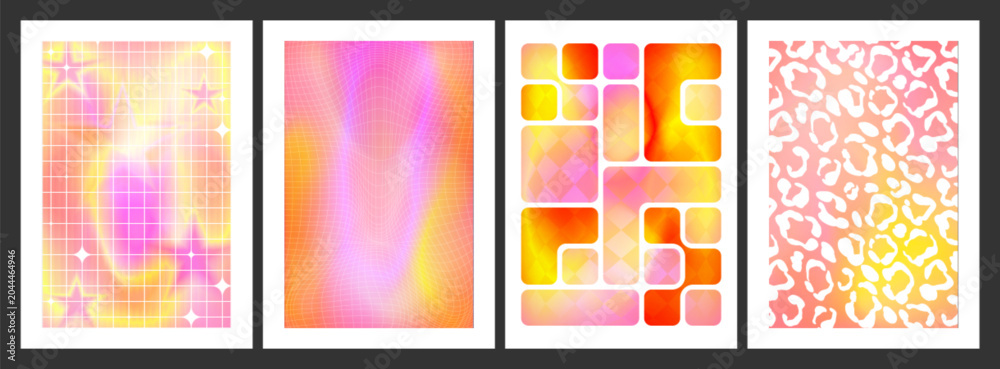 Obraz premium Abstract Y2K posters in dreamy gradient colors. Vector realistic illustration of vivid banners with wireframe, geometric and leopard pattern on gradation background, creative trendy backdrop designs