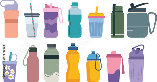 Set of various reusable water bottles and sports drinks containers icons.
