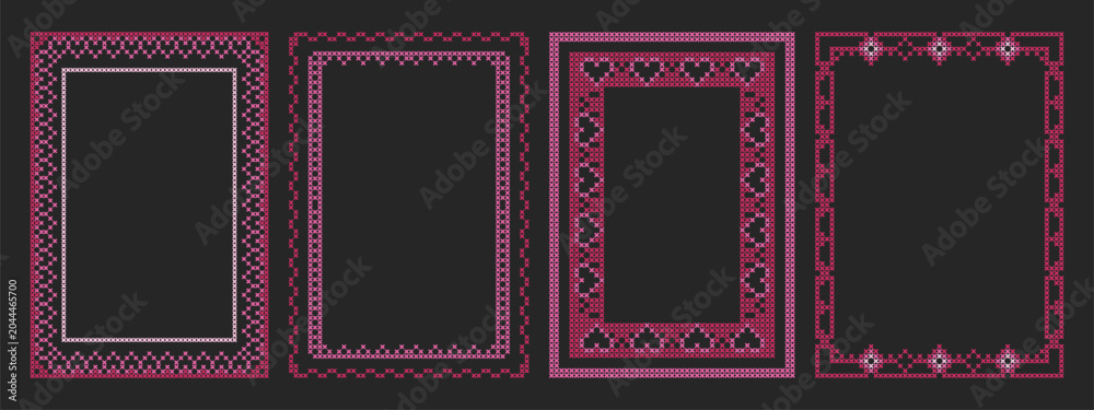 Obraz premium Traditional geometric cross stitch floral frames isolated on black canvas background. Vector realistic illustration, red pink ethnic embroidery rectangle borders with abstract flowers, hearts motifs