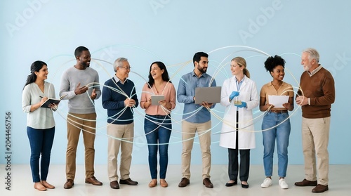 Diverse group of professionals and adults connected by glowing digital network lines on a light blue background