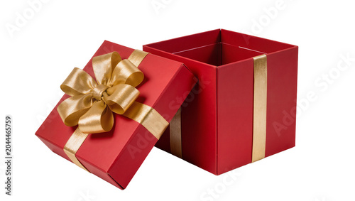 Red gift box with gold ribbon and bow, lid open