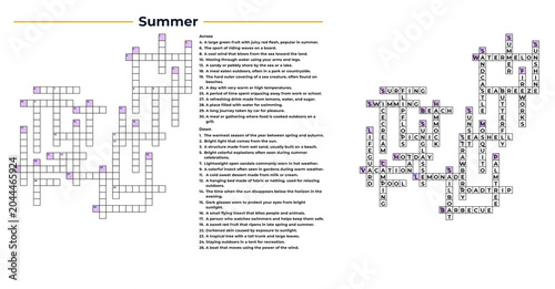 Crossword puzzle for adults featuring summer-themed words and clues  