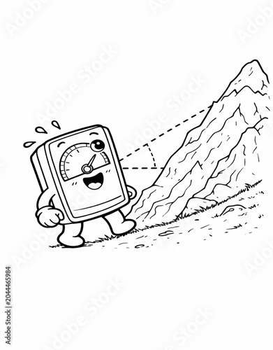 Cute cartoon clinometer character measuring slope angle of mountain, black and white line art coloring page for kids.