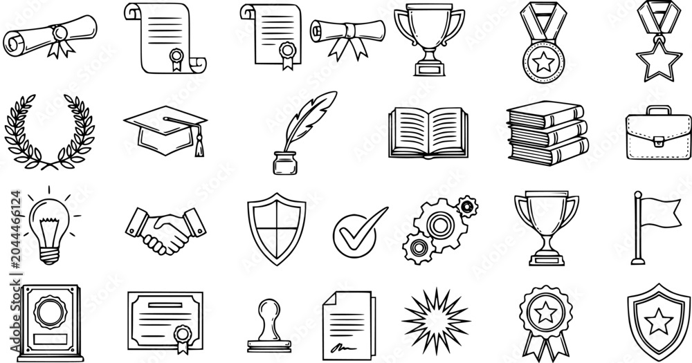 Naklejka premium Black and White Line Art Icons of Graduation and Achievement Symbols - Diplomas, Trophies, Books, Medals