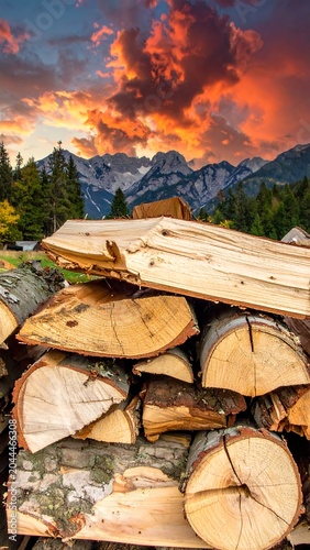 A serene mountain landscape at sunset with a stack of cut logs