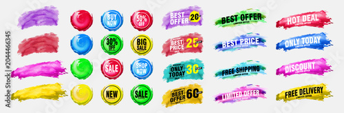 Collection of brush stroke sale, stickers and tags banners, sales label collection suitable for design promotion media