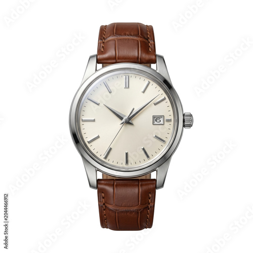 Photography Classic men's silver wristwatch with brown leather strap