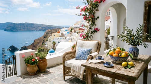 Luxury Mediterranean Coastal Terrace with Blue Accents, Citrus Fruits and Elegant Summer