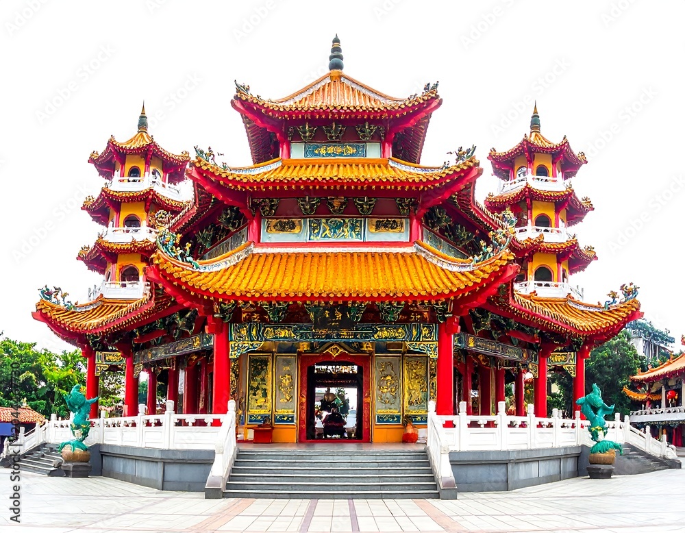 Obraz premium A vibrant, multi-tiered Asian temple with ornate roofs and a grand entrance
