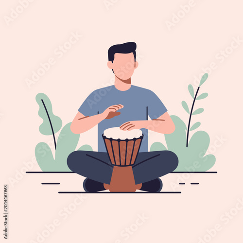 Foto A person is playing a drum while sitting on the ground with plants