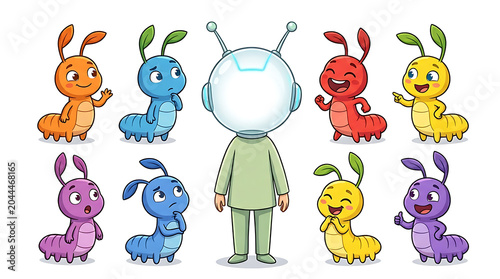 Colorful Cartoon Monsters Gathering Around Central Robot Figure in Playful Illustration