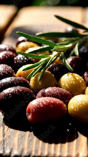 Mixture of green and black olives on wooden board.