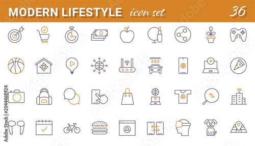 Fotografie Modern lifestyle icon set with thirty six linear symbols for daily activities, hobbies and tech