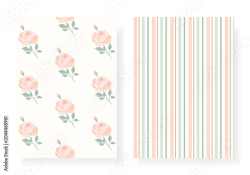 Shabby chic seamless pattern set with soft peach roses on white background and coordinating pastel stripe. Perfect for fabric, wallpaper, stationery, wedding and home decor design.
