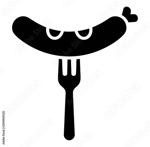 Vector of a smiling sausage on a fork, with a heart on its end.