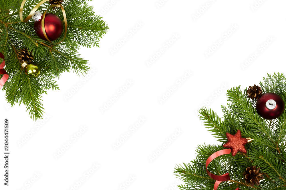 Fototapeta premium corner or edges of christmas fir tree decoration and red baubles isolated on white or transparent png