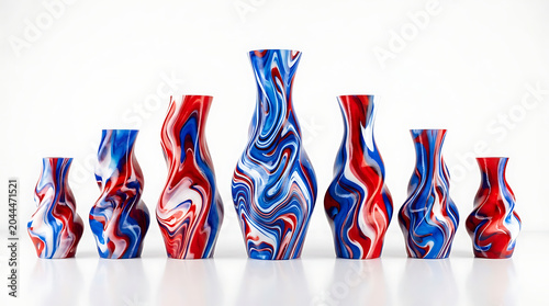 Collection of modern 3D printed ceramic vases in vibrant red and blue abstract patterns on white background