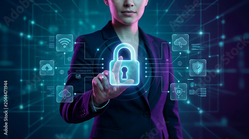 A person in a suit touching a glowing digital interface with a padlock and various cloud and network security in a futuristic environment