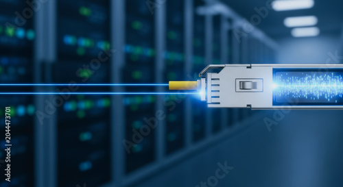 Fiber optic transceiver module in a data center representing high speed internet connectivity and cloud transmission