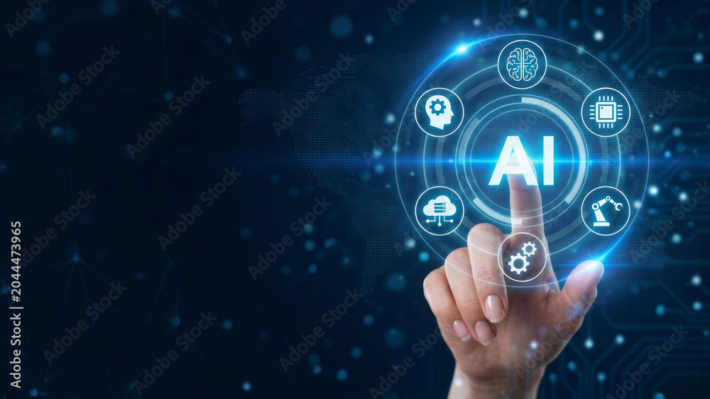 Fototapeta premium AI technology hand interface touchscreen innovation ai society transform digital future technology concept. future intelligence innovation. algorithm network learning system, justice law policy