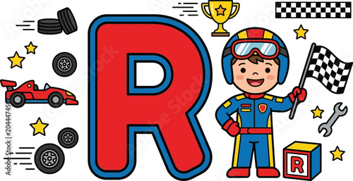 Cute Cartoon Racer Character Representing the Letter R for Racer on Transparent Background