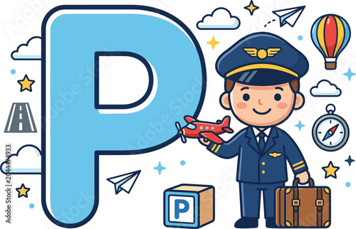 Cute Cartoon Pilot Character Representing the Letter P for Pilot on Transparent Background