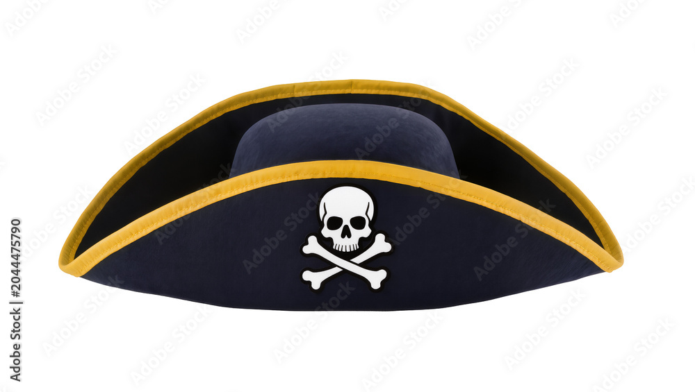 Naklejka premium Navy blue pirate hat with yellow trim and skull and crossbones emblem